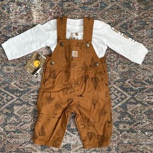Carhartt| 6 months tan deer print overalls and long sleeve logo shirt
